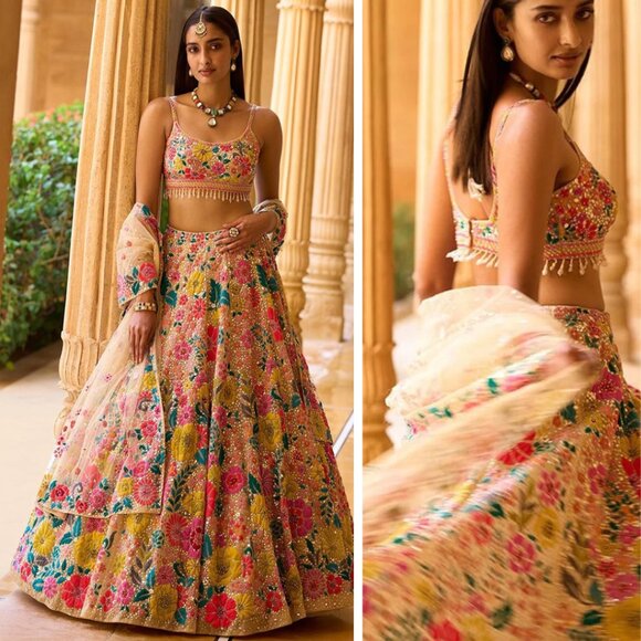 Posh Yellow Multi Floral Embroidered Umbrella Lehenga Choli Dupatta Set - Picture 1 of 16